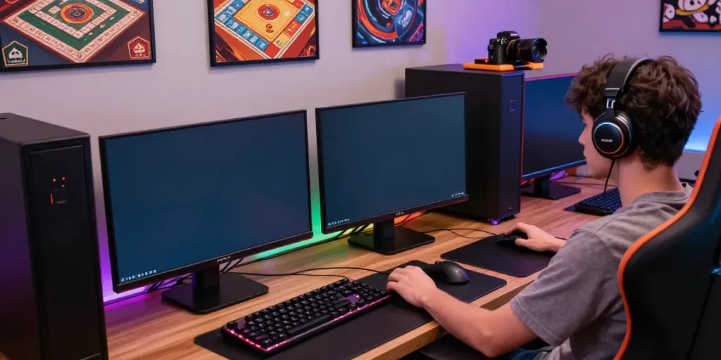 Pengalaman bermain Mahjong Ways 2 dengan setup gaming modern di ruangan yang penuh warna.