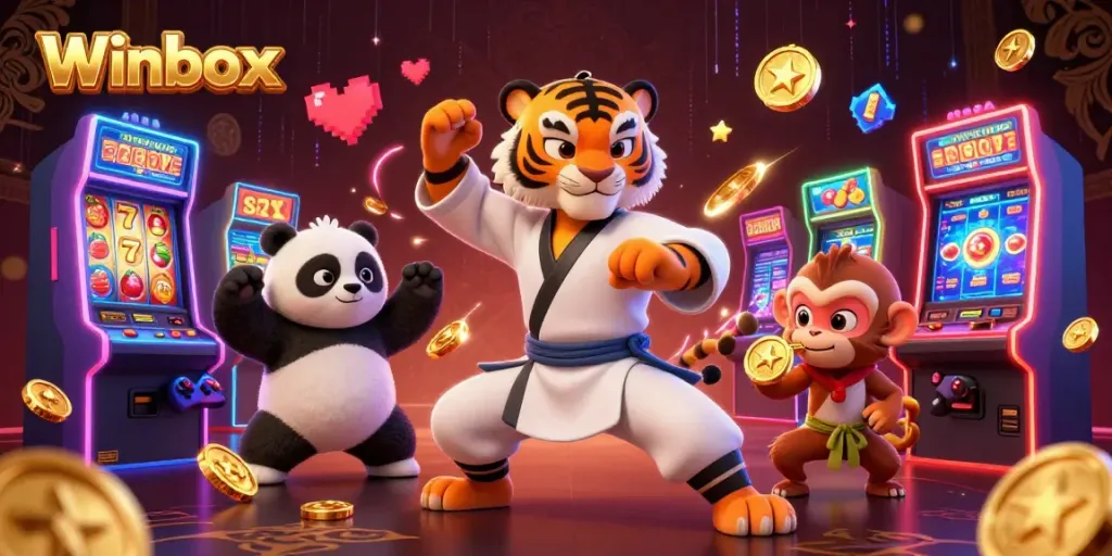 Winbox slots illustration featuring a kung fu tiger master, panda disciple, and monkey student amidst casino elements.