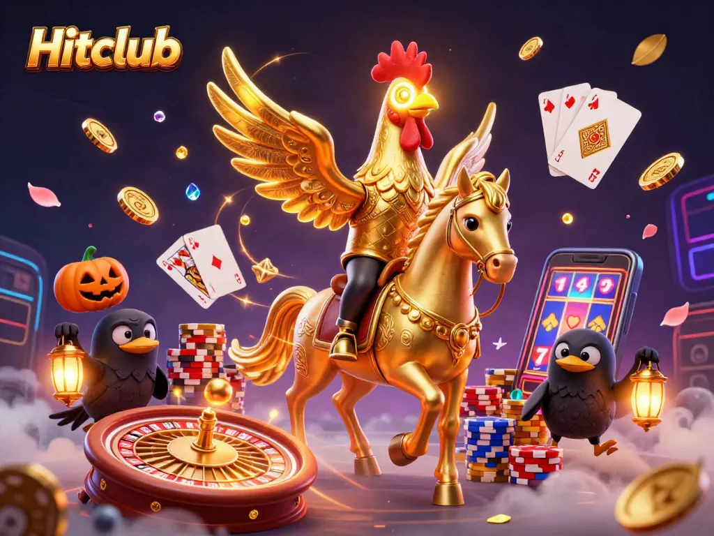 Experience thrilling gaming at Hitclub with golden rooster and iconic casino elements in vibrant 3D.