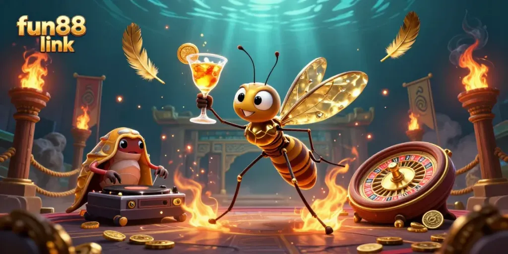 Engage with fun88 link as a casino mascot amidst vibrant gambling elements in a dynamic 3D scene.