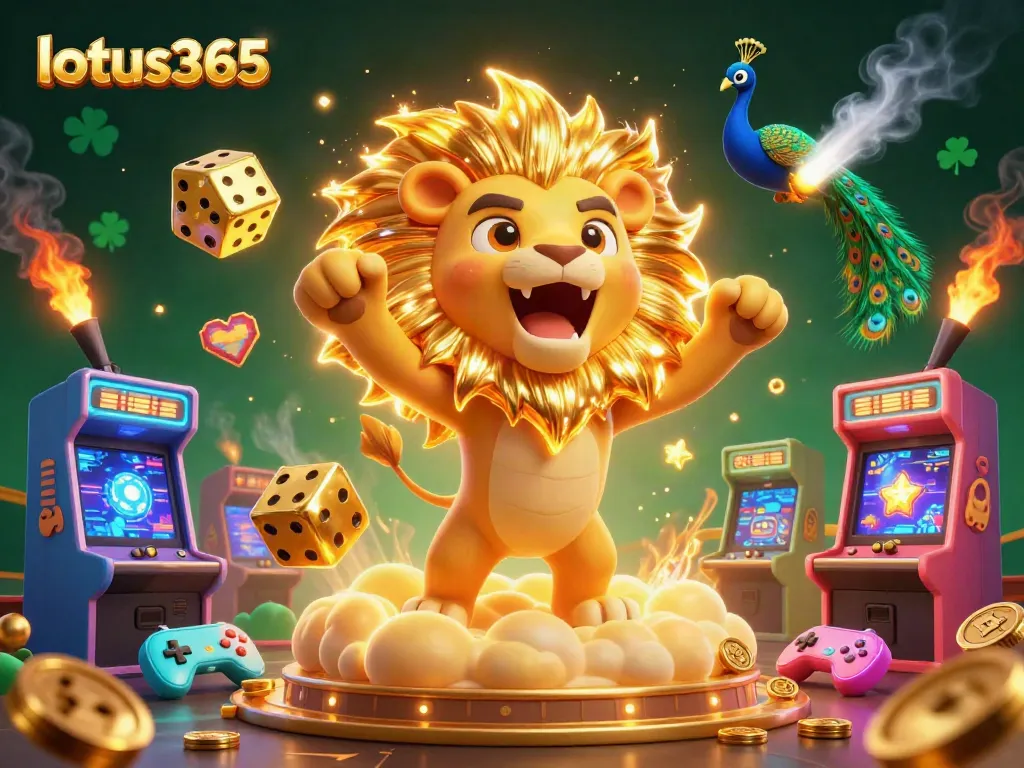 Experience thrilling betting at lotus365 with a dynamic scene of casino fun, featuring a roaring lion and gold games.