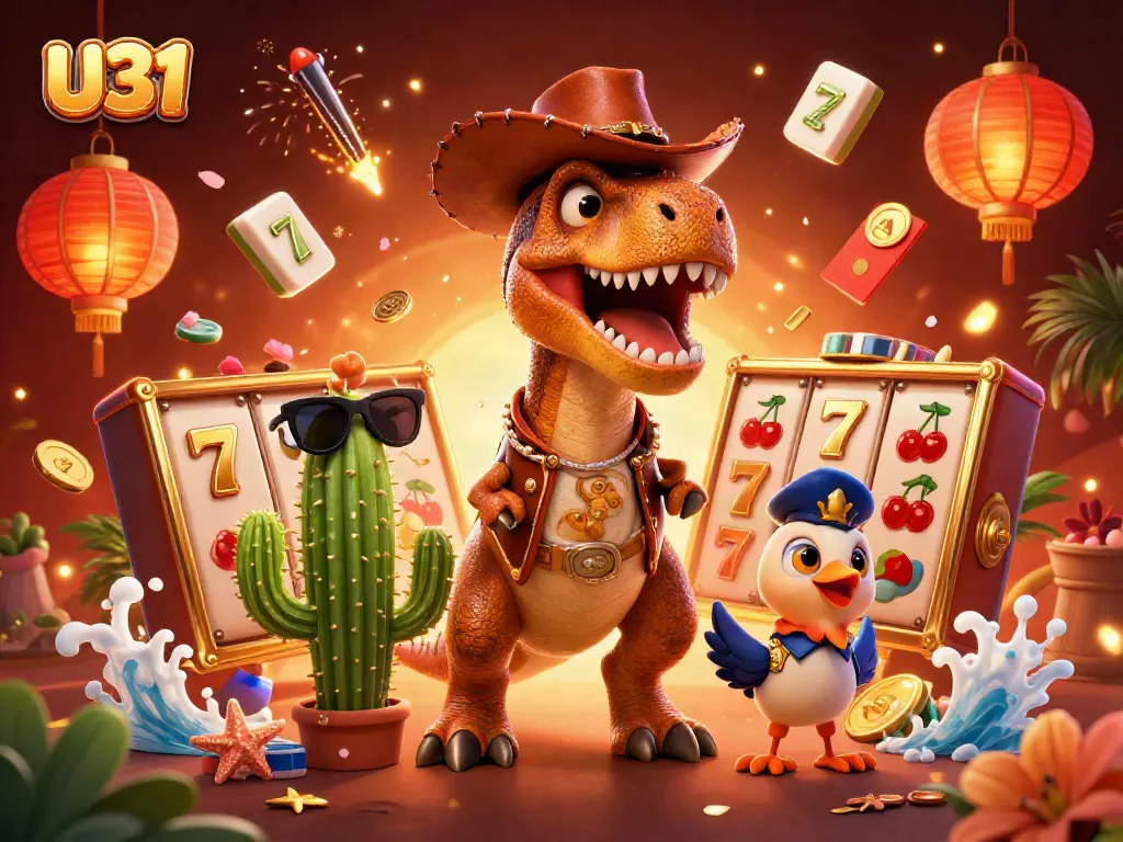 Engage with U31 Casino's thrilling slot experience featuring a vibrant T-Rex dinosaur and casino elements.