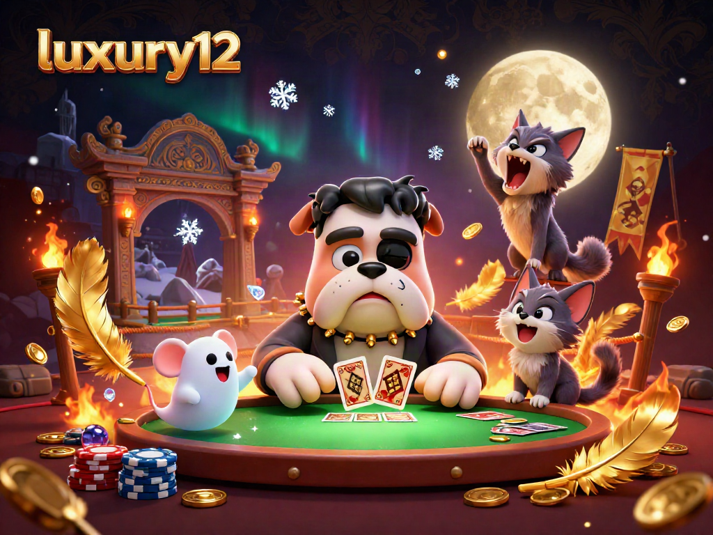 Experience thrilling gameplay with luxury12 in a dynamic, animated casino scene featuring unique characters.
