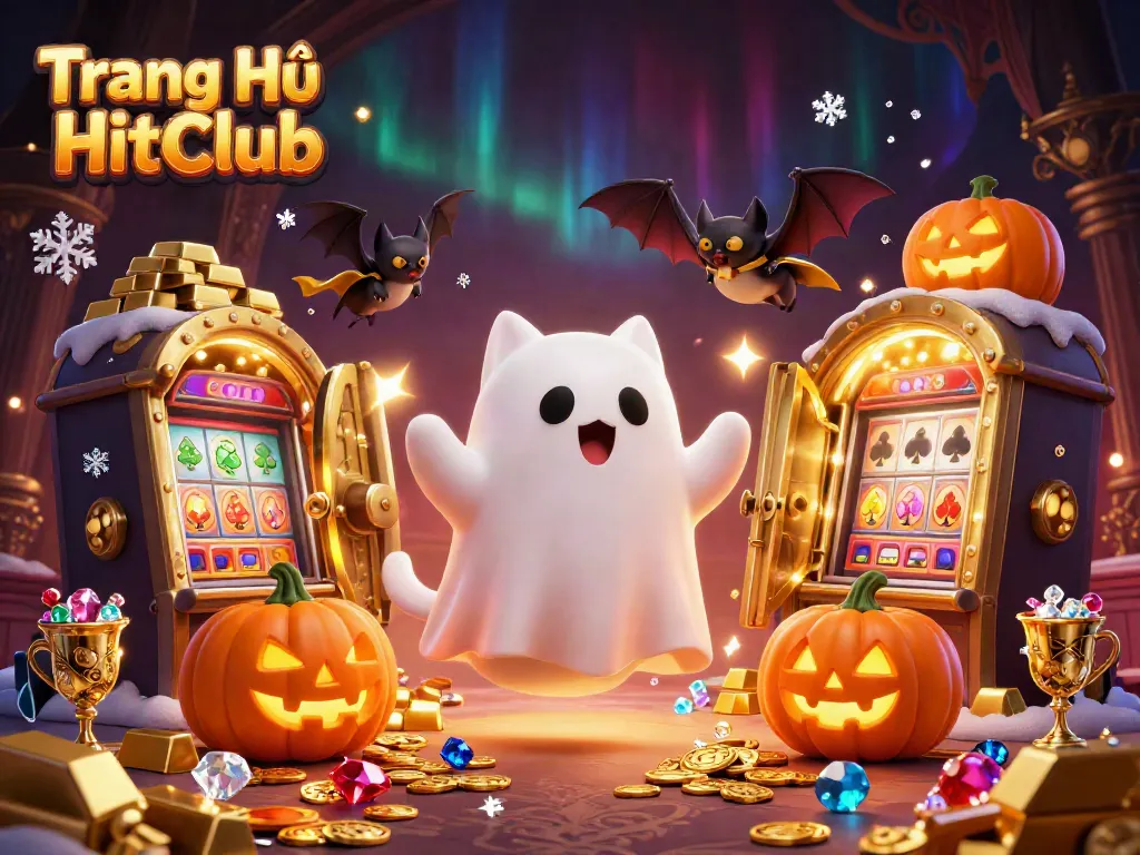 Engaging scene of Trang Chủ HitClub with a ghost cat and bat, surrounded by glowing treasures.