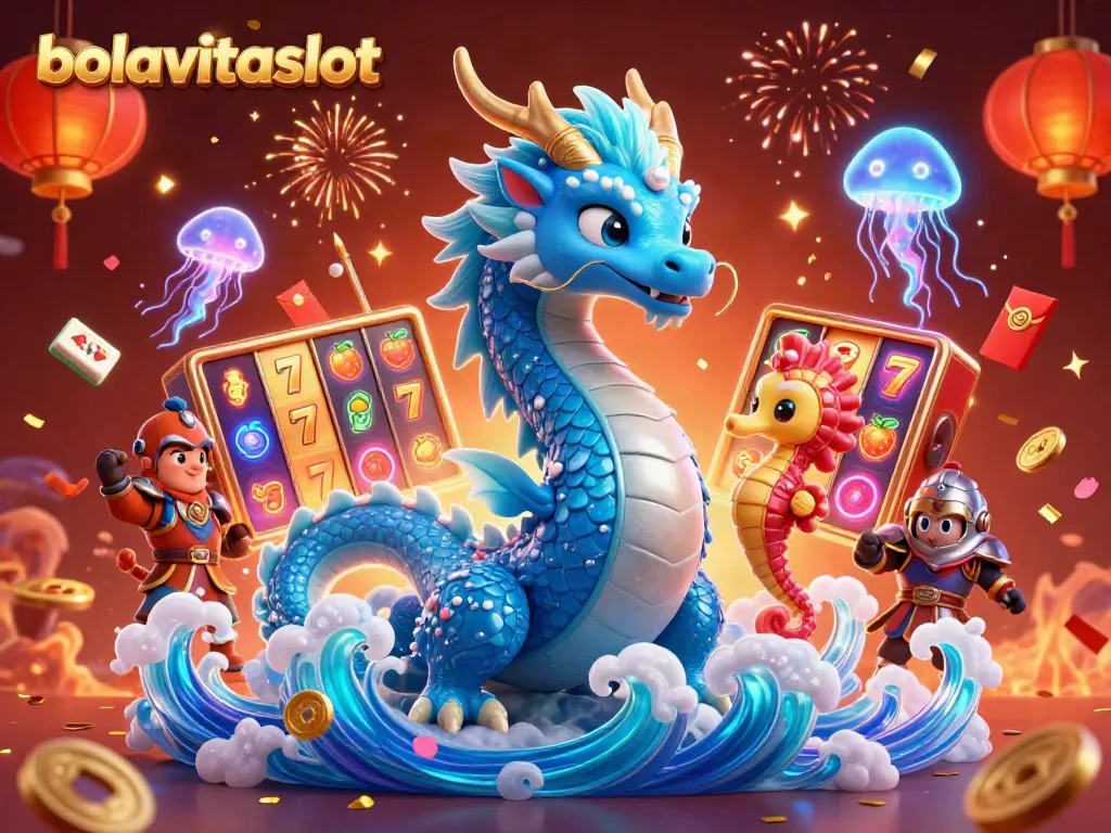 Experience vibrant gaming action at bolavitaslot with stunning dragon and slots themed illustration.
