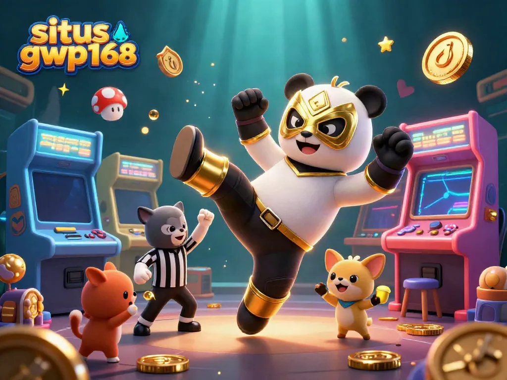 Tampilkan situs gwp168 dengan panda pegulat 3D dan penonton hewan, menyoroti kegembiraan bermain slot.