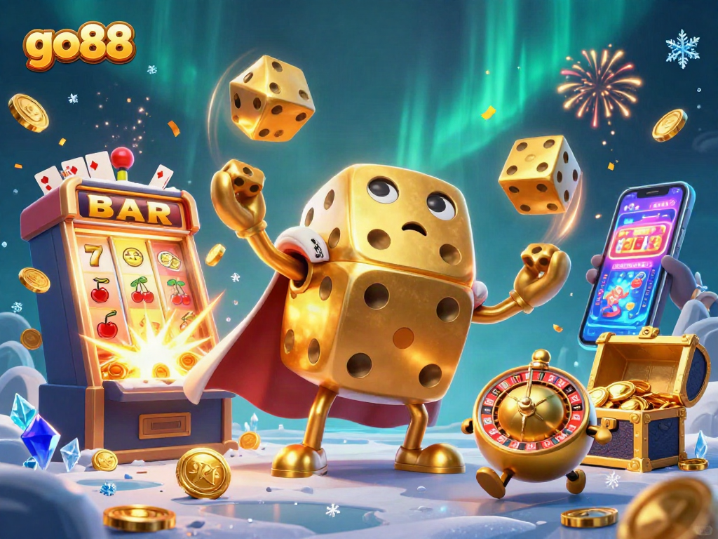 Experience the excitement of go88 with a vibrant, playful 3D casino scene showcasing golden dice and dynamic game elements.