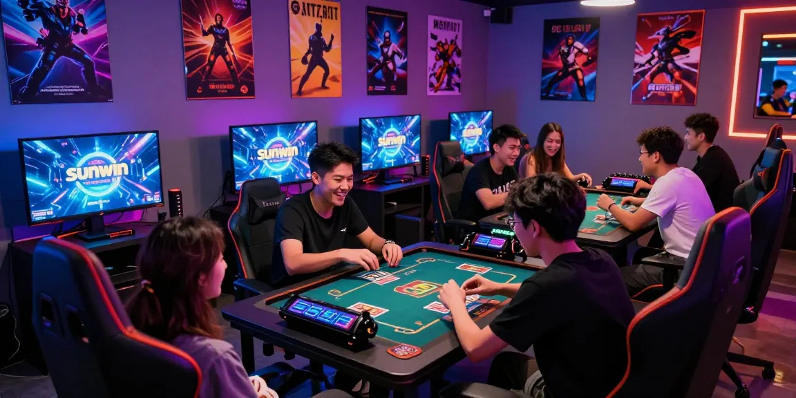 Group of friends enjoying a thrilling card game in a vibrant "sunwin" themed gaming lounge.