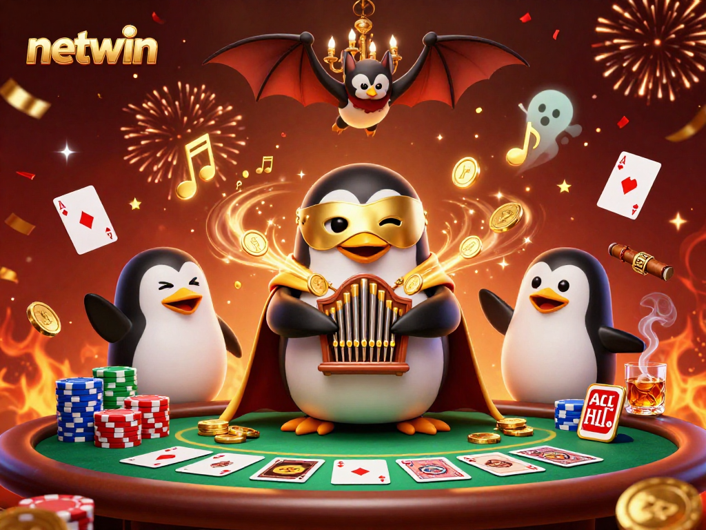 Experience the thrill of netwin with a 3D penguin playing organ coins amidst a lively casino scene.