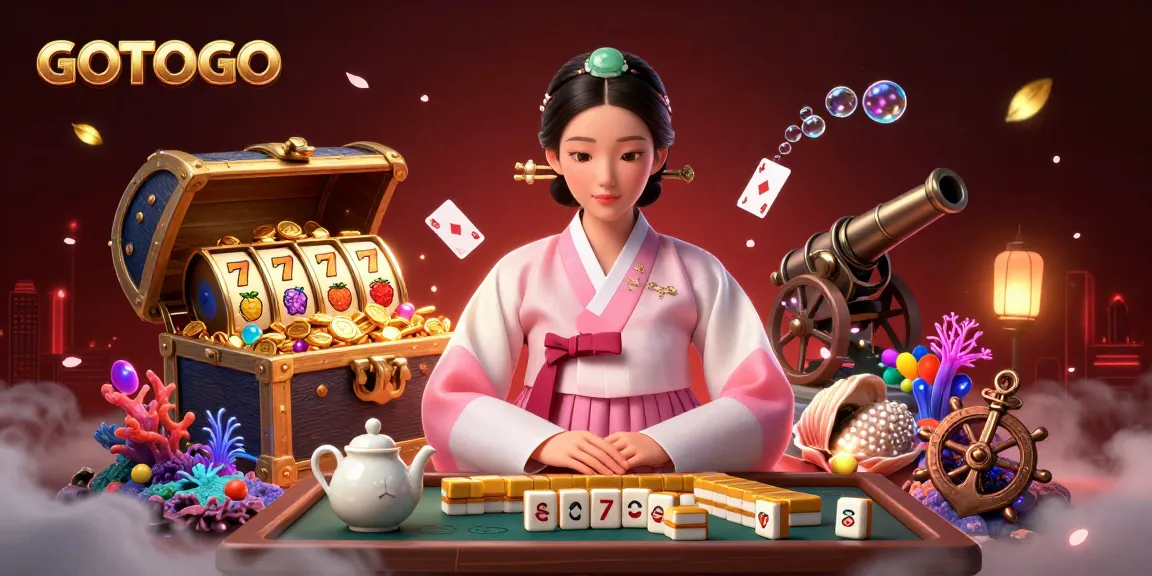 Terlibatlah dengan GOTOTO dalam suasana kasino yang cerah menampilkan simbol slot keberuntungan dan hadiah emas.