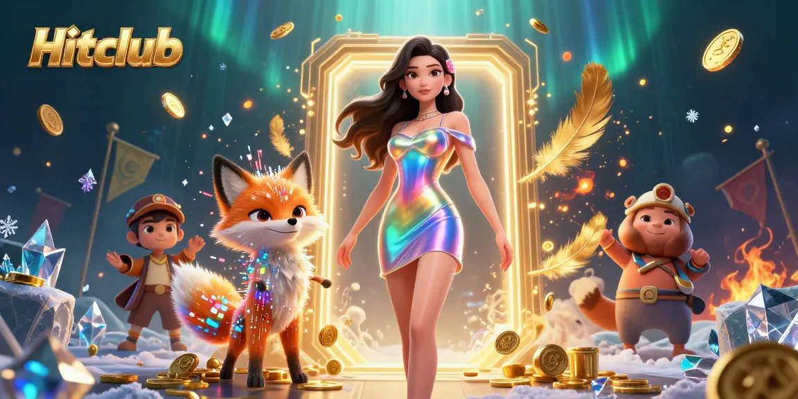 Experience thrilling gaming at Hitclub with a dazzling illustration of an enchanting lady amid vibrant casino elements.