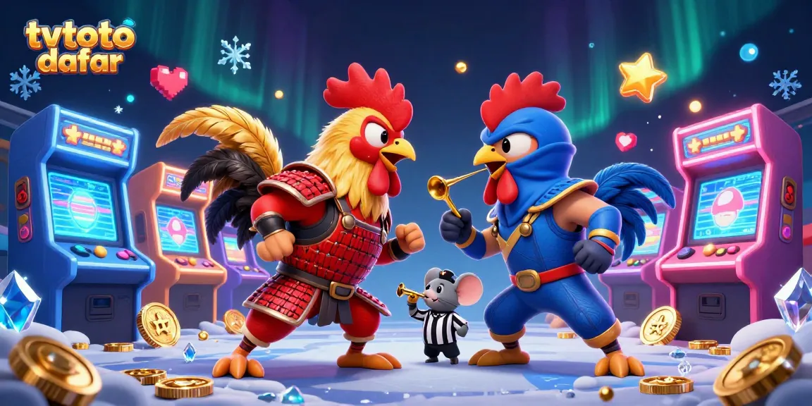 Engage in exciting gameplay with tvtoto daftar as fighting roosters compete amid colorful casino-themed elements.