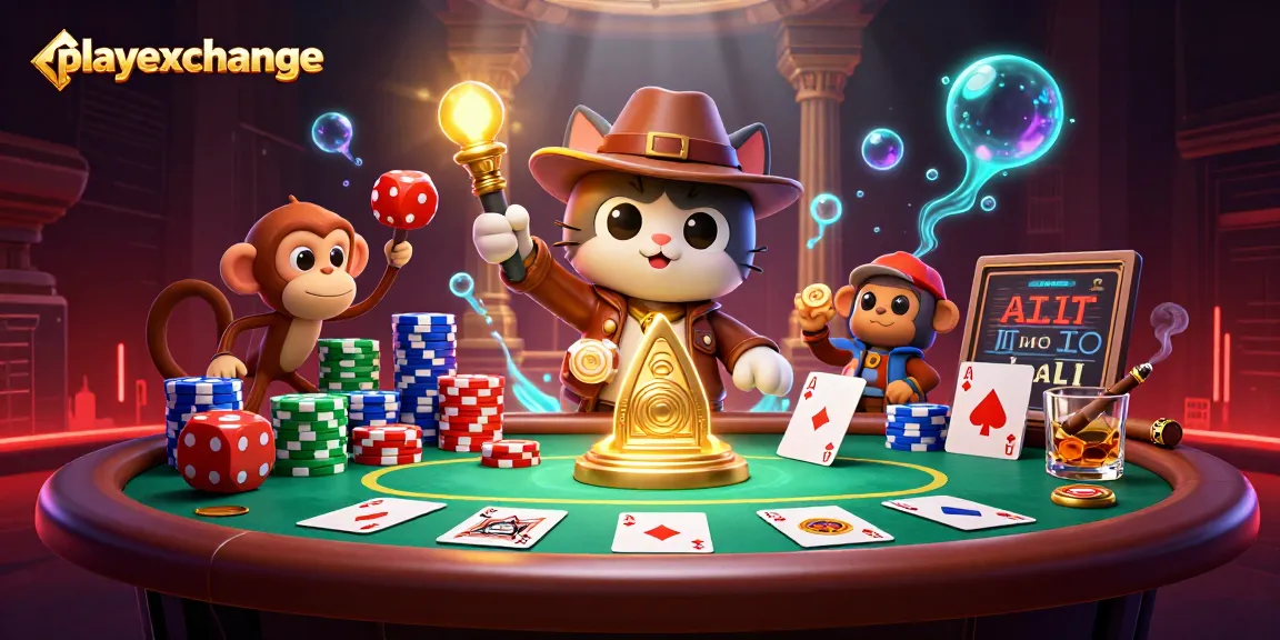 Playexchange features a detailed casino scene where an explorer cat discovers golden artifacts among poker chips and cards.