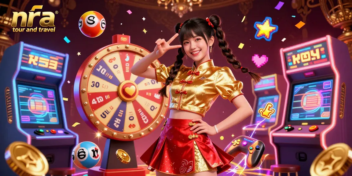 Engage with nra tour and travel’s vibrant casino action featuring an energetic Asian woman amidst colorful elements.