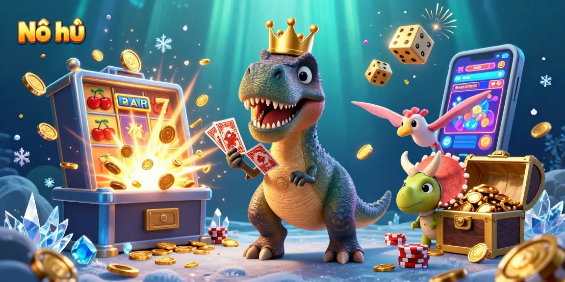 Nổ hũ game scene featuring playful dinosaur characters in a vibrant, casino-inspired environment.