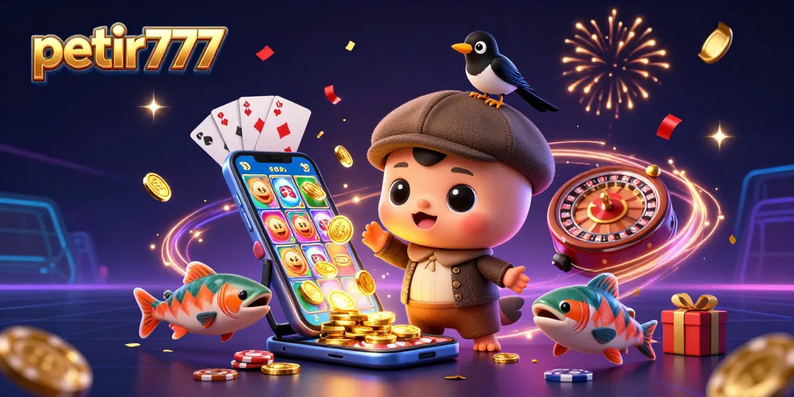 Engage in thrilling gameplay on petir777 with vibrant slot games, golden coins, and celebratory characters.