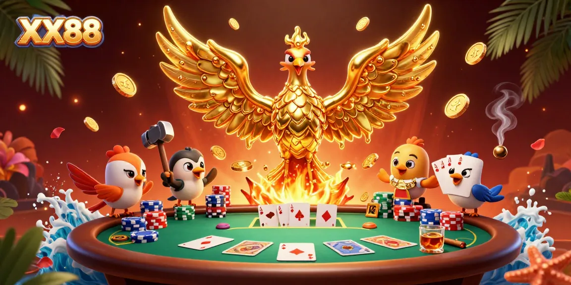 Experience thrilling gameplay with XX88, featuring a golden phoenix and poker elements.