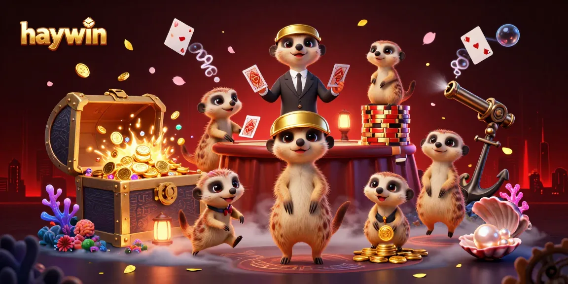 Experience haywin's thrilling casino atmosphere with cartoon meerkats operating games, bursting with excitement and treasure.