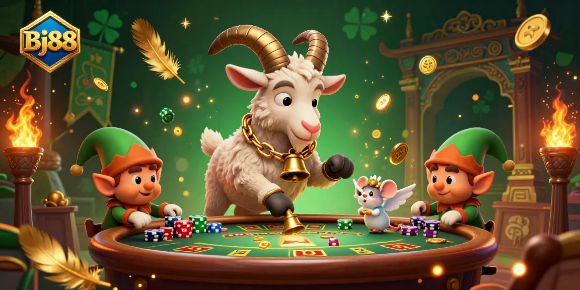 Bettors engage with Bj88's lively online casino, featuring a Krampus goat, angel mouse, and elf gremlins amidst golden coins and vibrant gaming elements.