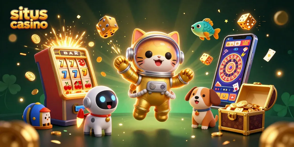 Engage with situs casino featuring an exciting 3D illustration of a golden astronaut cat, robot dog, and gaming elements.