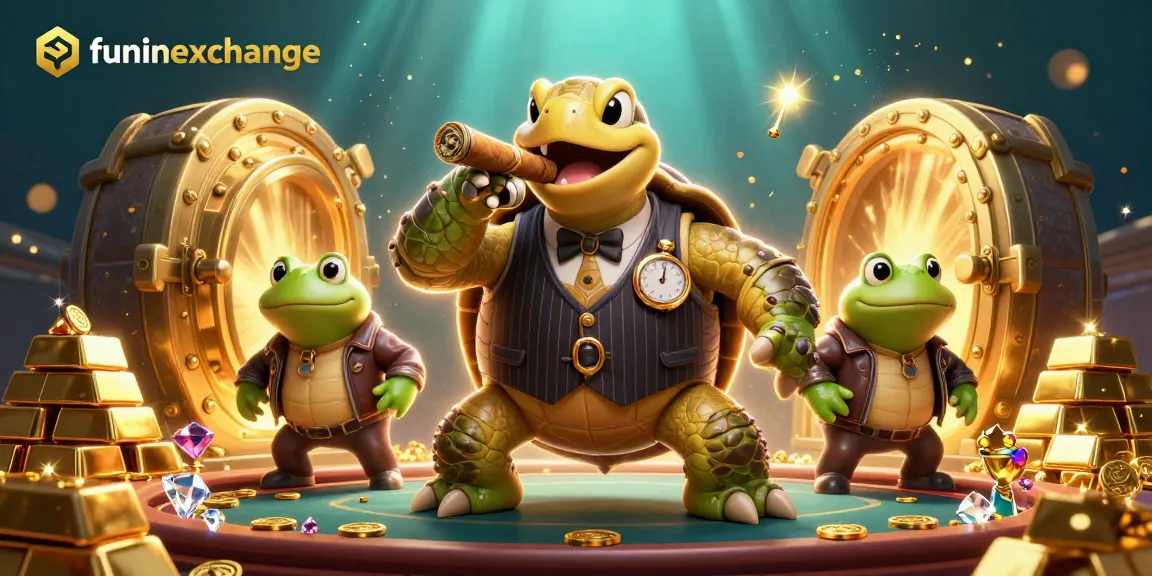 Experience funinexchange with a vibrant 3D scene depicting playful gambling characters and treasures.