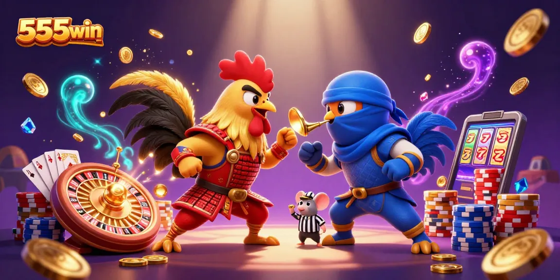 Engage in thrilling gaming action at 555win with cartoon roosters battling amid casino elements.