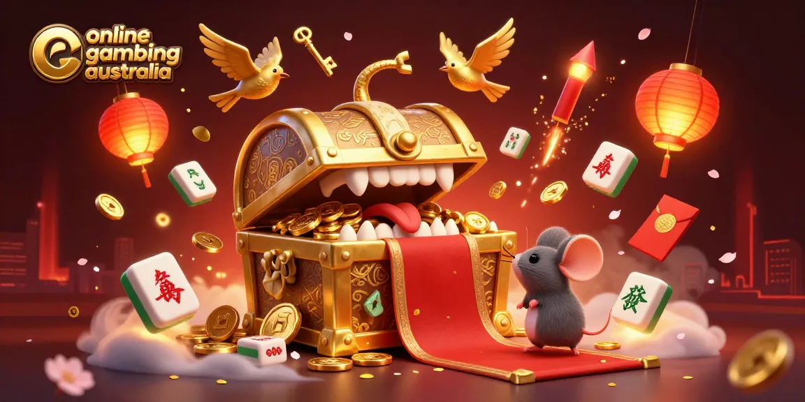 Engage in thrilling online gambling Australia, featuring animated characters lured by a treasure chest among rich casino elements.