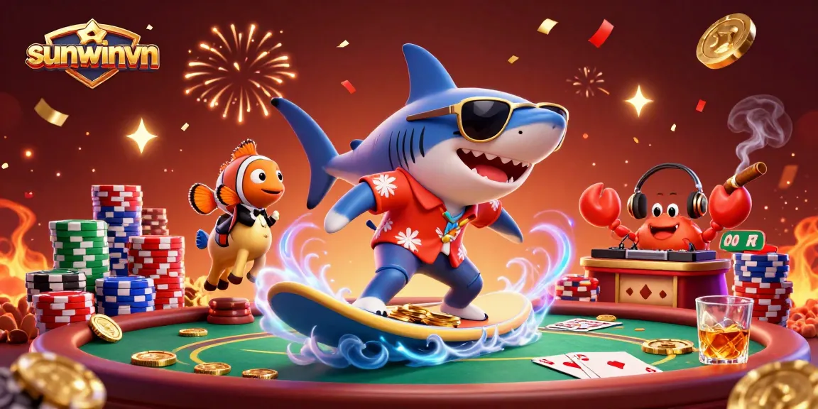 Experience excitement with sunwinvn's dynamic casino scene featuring a playful shark and poker elements.