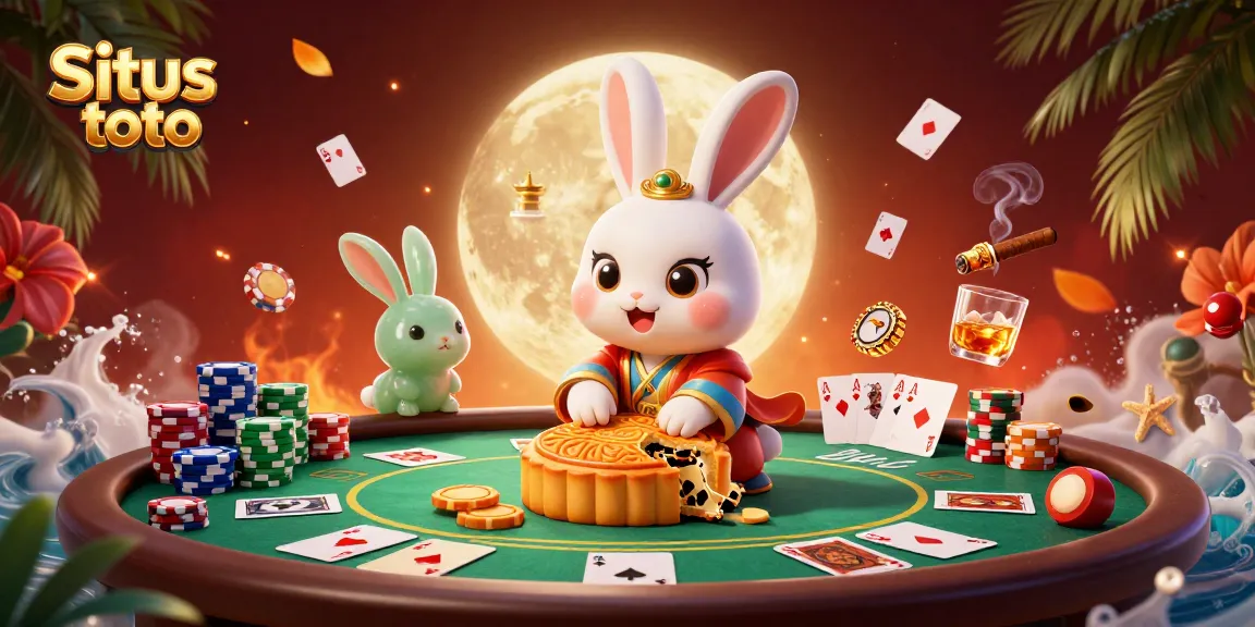Engage with Situs toto as a moon rabbit reveals poker chips from mooncakes in an enchanting casino scene.
