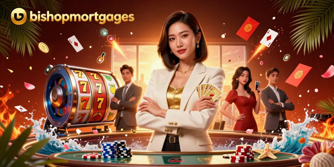 Win big at bishopmortgages with dynamic 3D casino scene featuring elegant card player and vibrant slot games.
