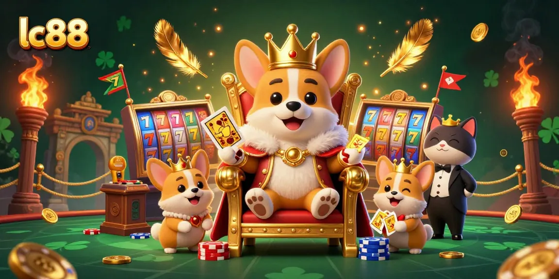 lc88 players spin vibrant slot reels amidst a 3D royal casino scene with golden tokens.