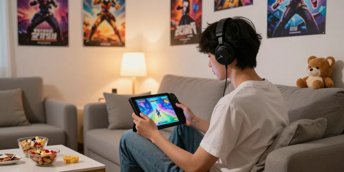 Player immersed in an android hentai game on a tablet, showcasing vibrant graphics and cozy gaming setup.