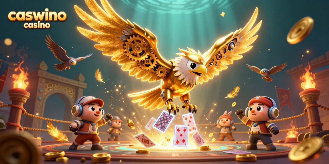 Experience the thrill of caswino casino with dynamic gameplay scenes featuring a cybernetic eagle.