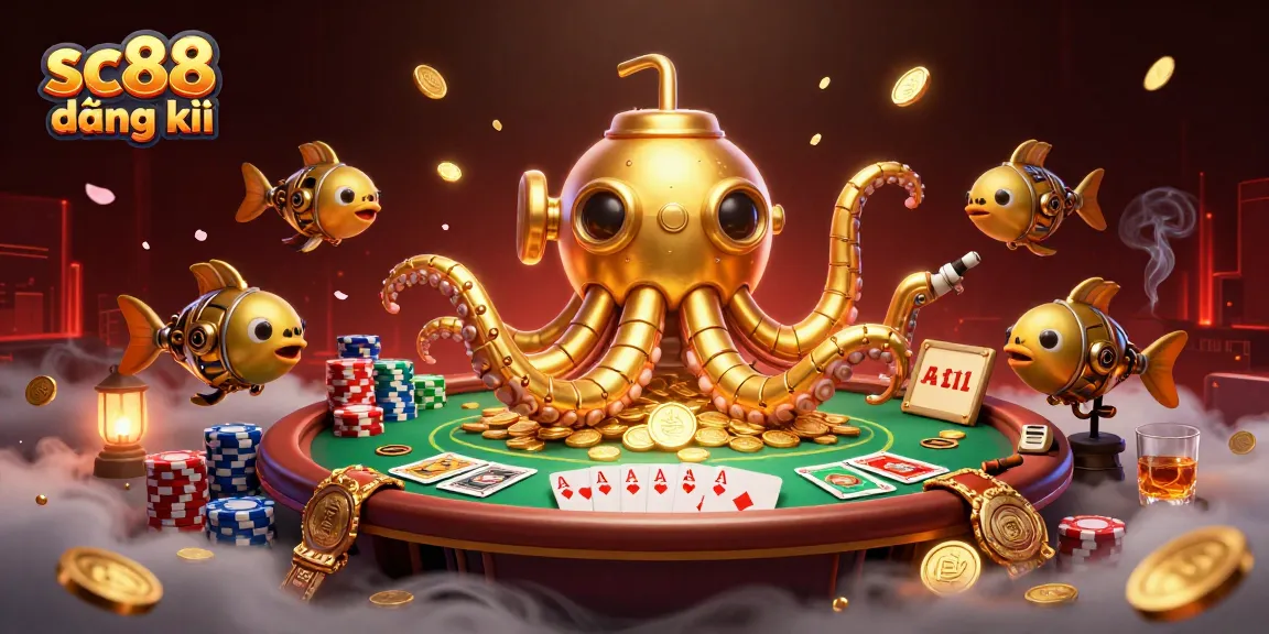 Experience the thrill of sc88 đăng ký with an exhilarating 3D illustration of a golden kraken submarine amidst a vibrant poker scene.