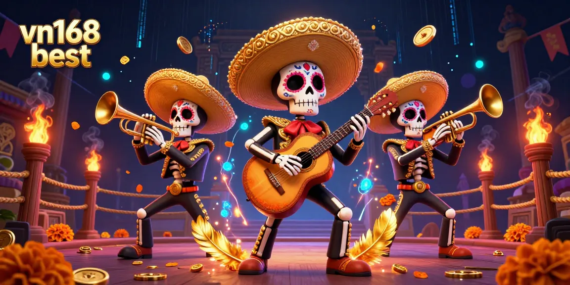 Experience the vibrant action of vn168 best with a dynamic casino-themed 3D illustration featuring a mariachi band.
