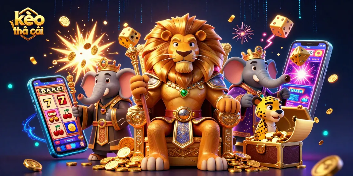 Experience kèo nhà cái action with a lion king, elephant advisor, and cheetah messenger in a vibrant casino scene.
