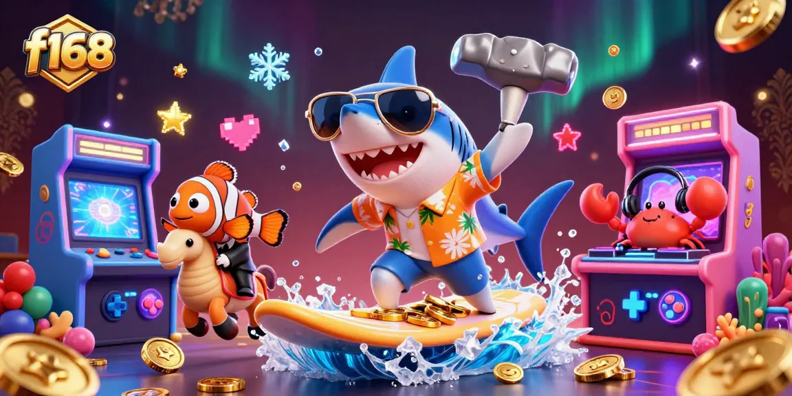 Experience fun with f168 as a cartoon shark surfs gold coins amidst vibrant casino elements.