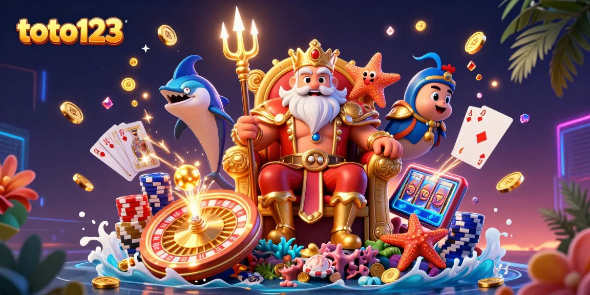 Play with the exciting toto123 brand in this vibrant 3D casino illustration showcasing gaming elements.