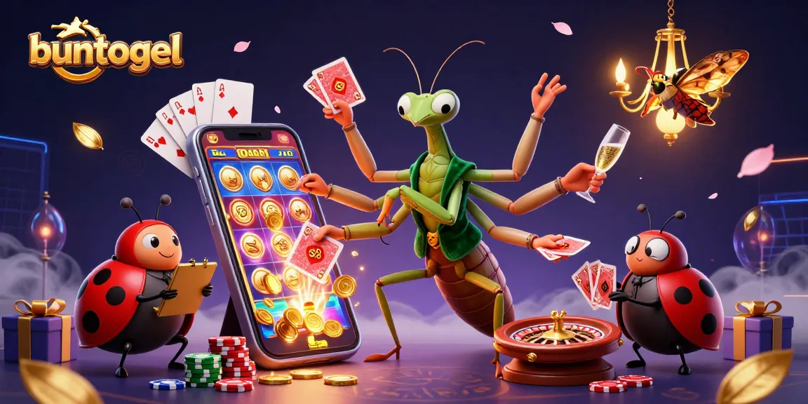 Buntogel features a vibrant casino scene with a giant mantis card sharp interacting with games and coins.