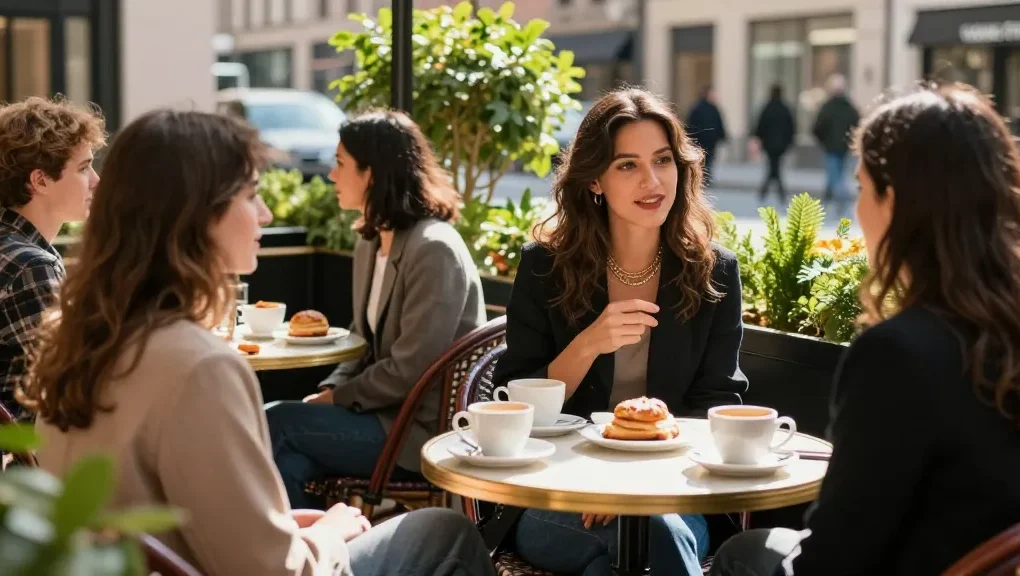 Elegant social scene of a stylish woman discussing escort services in a chic café setting.