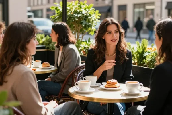 Elegant social scene of a stylish woman discussing escort services in a chic café setting.