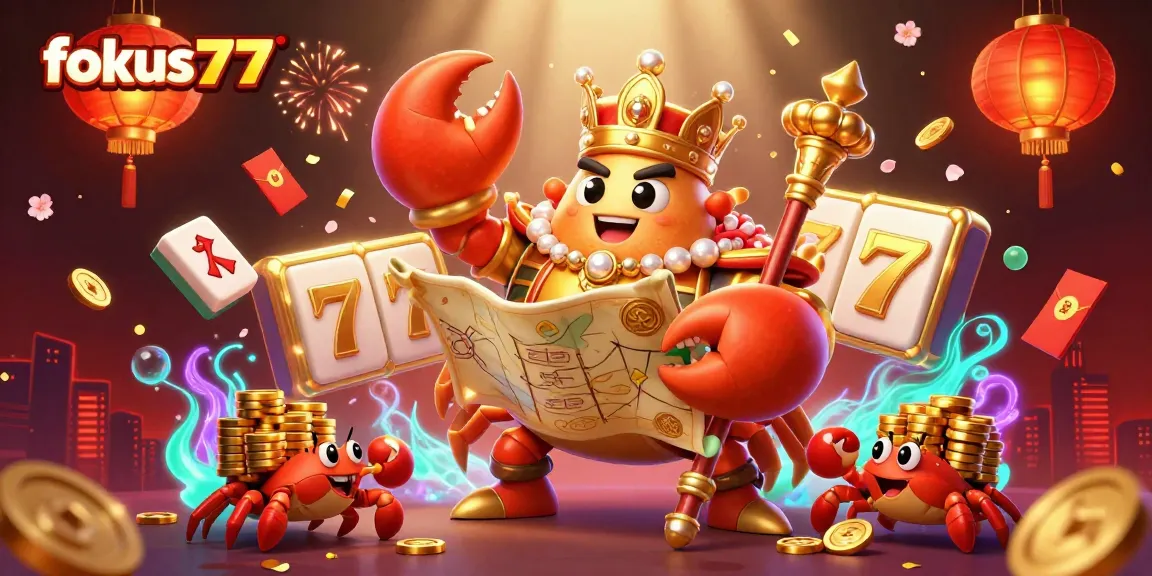 Experience the thrill of fokus777 with a golden crab emperor amidst slot reels and vibrant game elements.