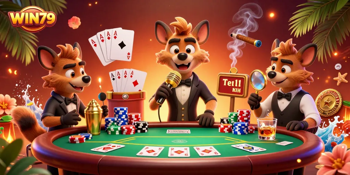 Enjoying exciting games at WIN79 Casino while hyenas entertain guests in a vibrant casino scene.