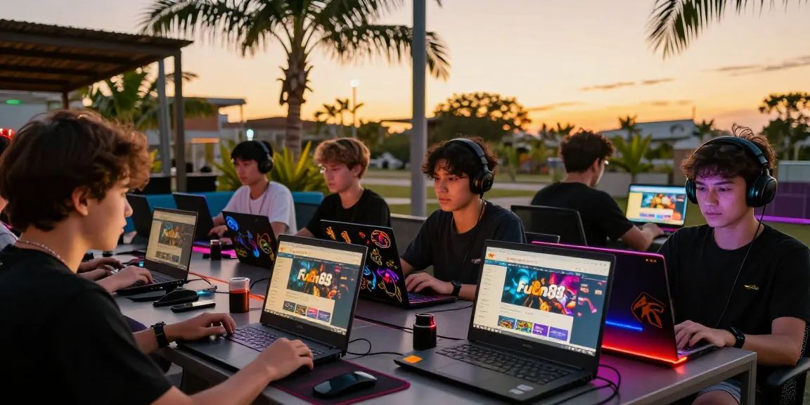 Group enjoying fun88thaimeth gaming experience outdoors at sunset.