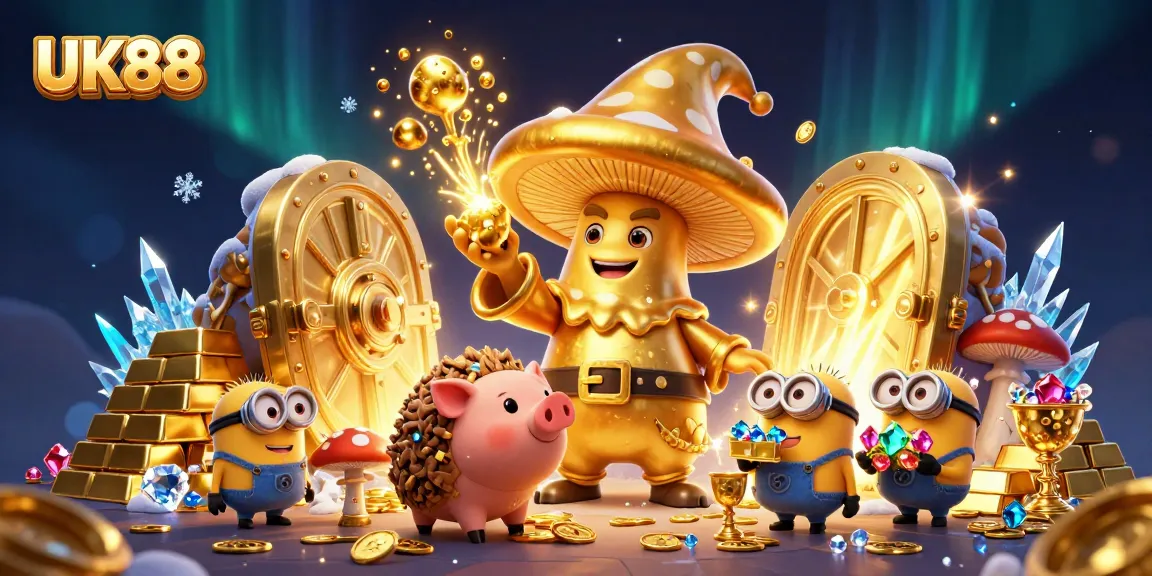 Experience the magic of UK88 with golden treasures spilling from a vault in this vibrant casino scene.