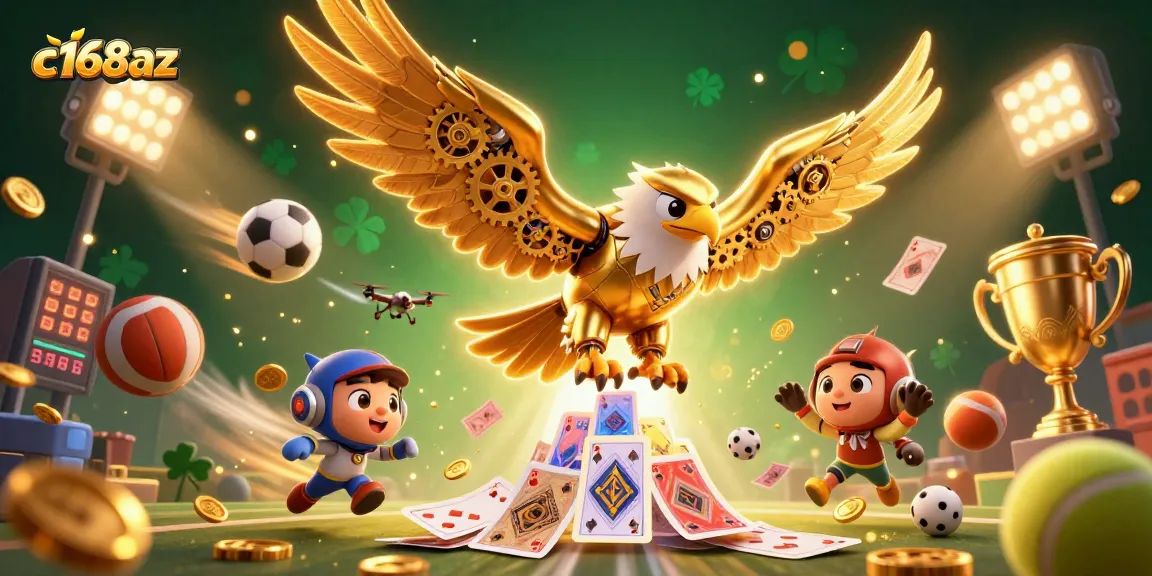 c168az betting experience with dynamic sports elements and holographic casino themes in 3D digital illustration