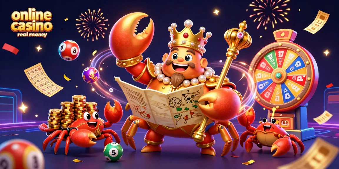 Engage with online casino Australia real money in a vibrant scene featuring a golden crab emperor and dynamic gambling elements.