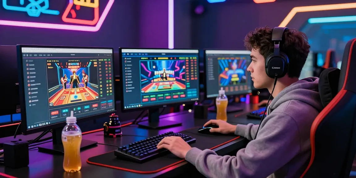 Energetic online betting setup with Grandbetting screens and professional gamer.