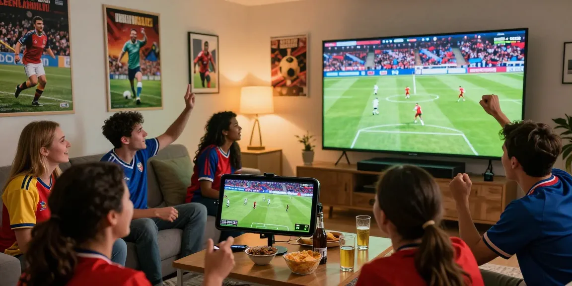 Friends watching a live football match on ihdsports in a vibrant living room.