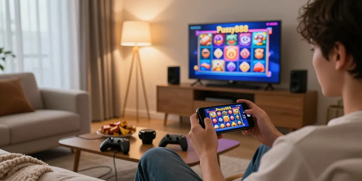 Pussy888 Download on a player’s smartphone in a cozy living room during a gaming session.